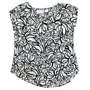 Martha Stewart Linen Cap Sleeve Scoop Neck Black & White Floral Top Small